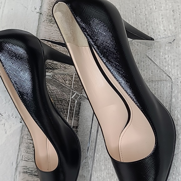 Prada Saffiano Vernice Textured Leather Pointy Toe Stiletto Pumps in Black - Picture 12 of 17